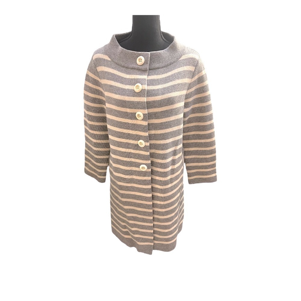 J. Crew Gray and Cream Striped Button-Front Sweater Cardigan Medium